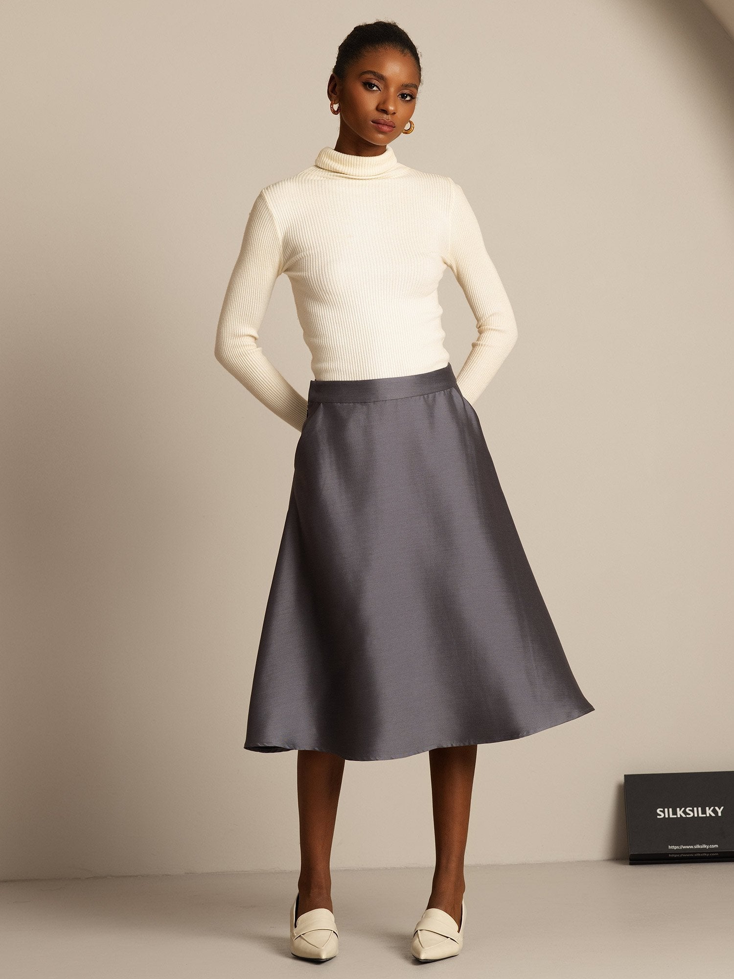 [Grau] SilkSilky-DE 32Momme Silk-Wool Blend Skirt 008,