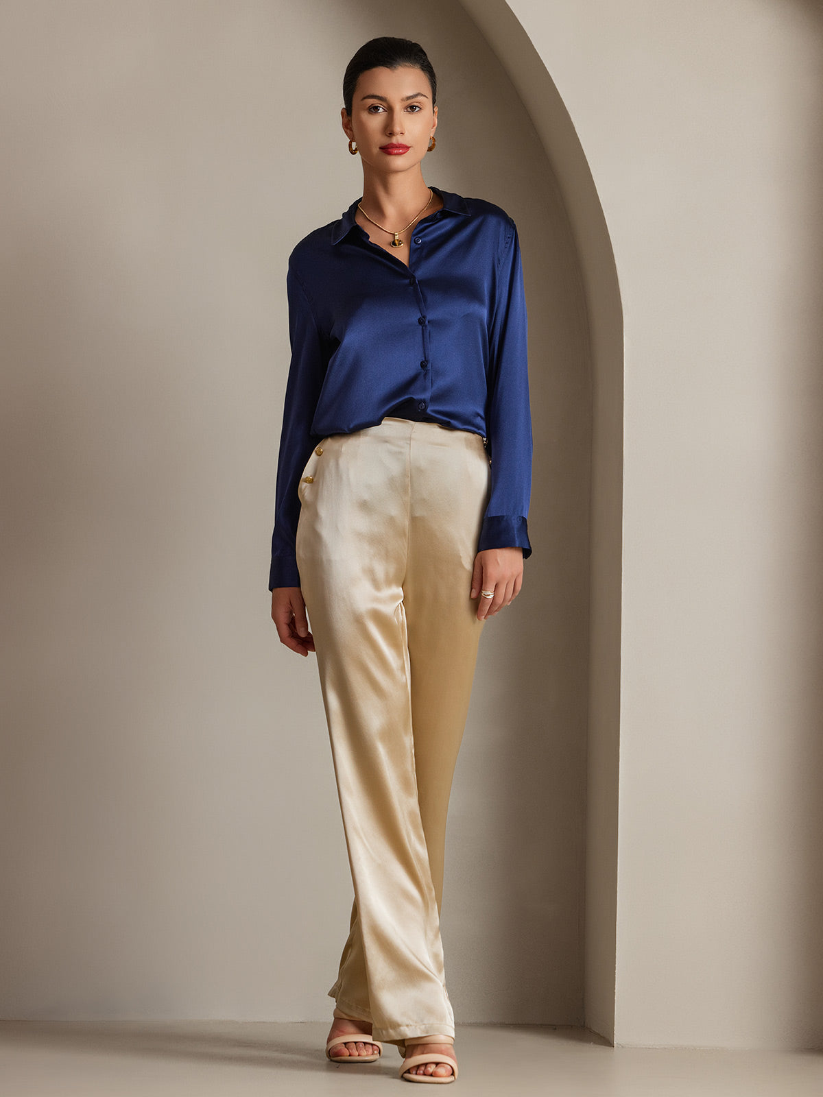 [Dunkelblau] SilkSilky-DE Seide Langärmelig Umlegekragen Damenhemd 003