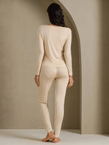 [Beige] SilkSilky-DE Long Sleeve V Neck Damen Lange Unterwäsche 002