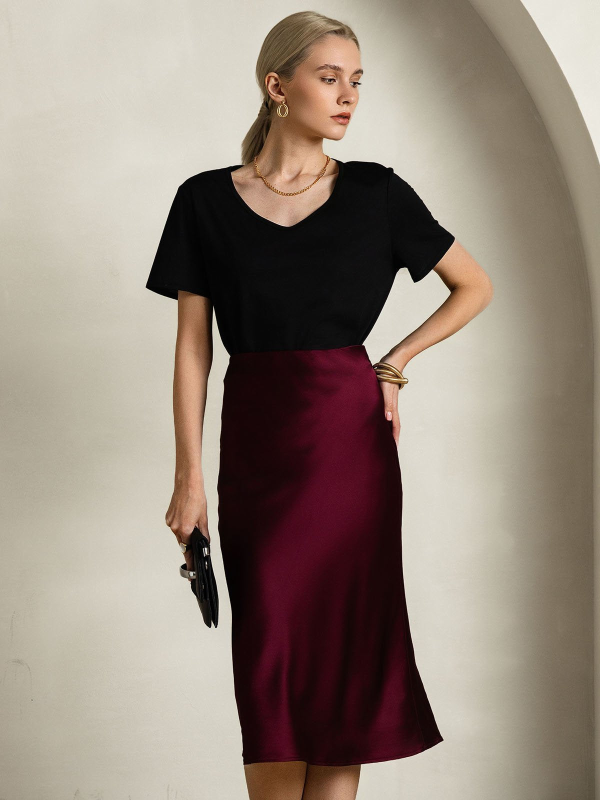 [Schwarz] SilkSilky-DE Seide Kurzärmelig V Ausschnitt T-Shirt 006