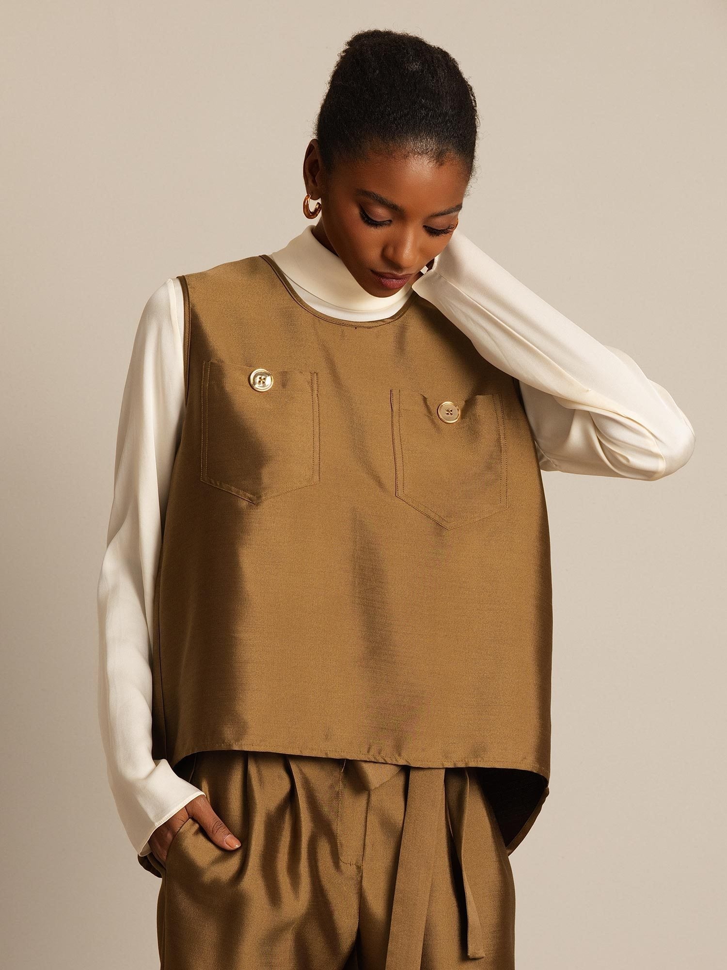 [Bronze] SilkSilky-DE 32Momme Silk-Wool Blend Womens Vest 006,