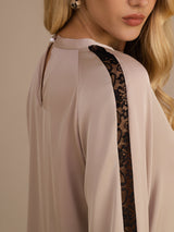 [Tan] SilkSilky-DE Long Sleeve Keyhole Neck Damenblusen 005