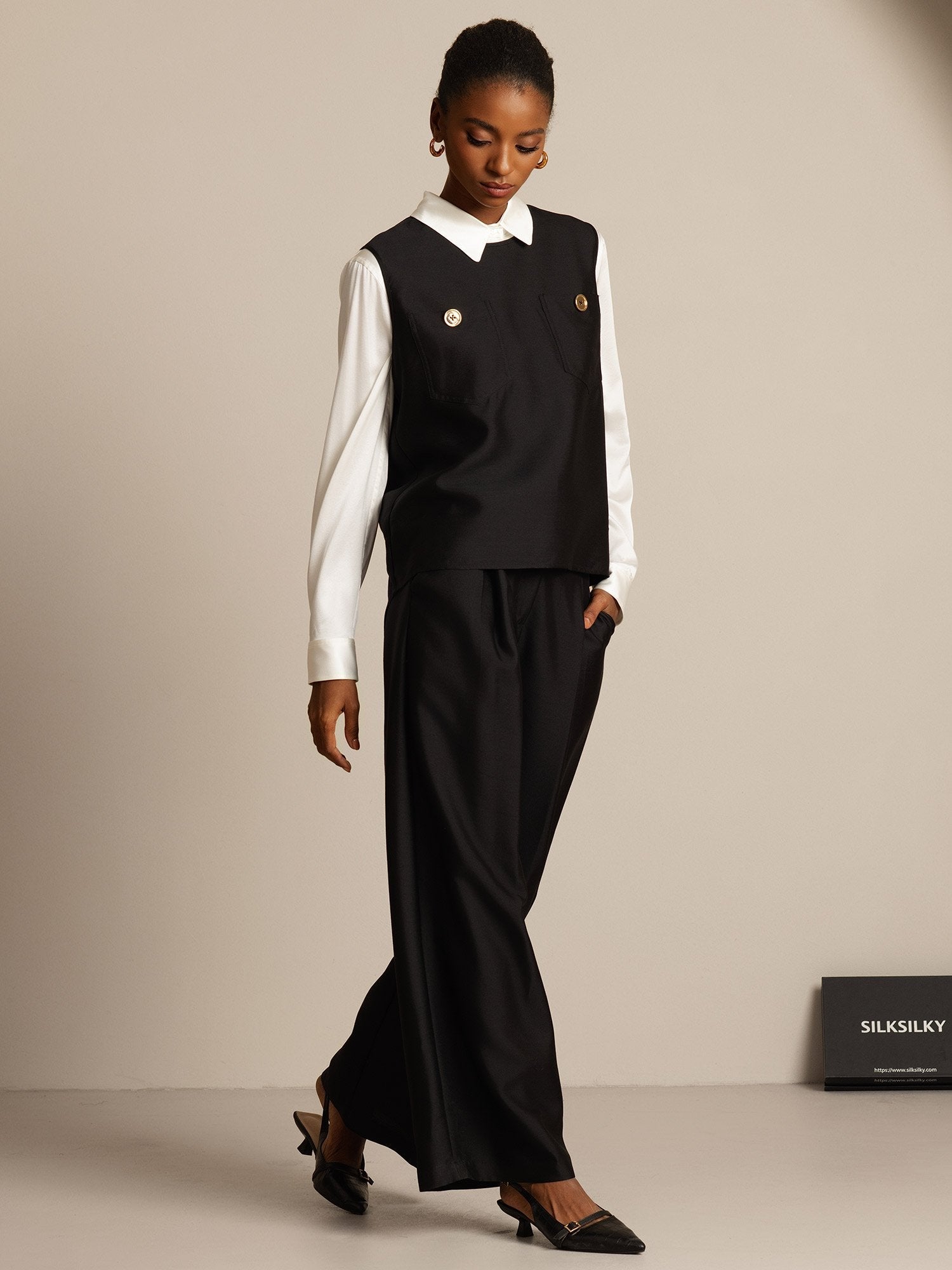 [Schwarz] SilkSilky-DE 32Momme Silk-Wool Blend Womens Vest 006,