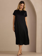 [Schwarz] SilkSilky-DE Short Sleeve Round Neck Kleider 003