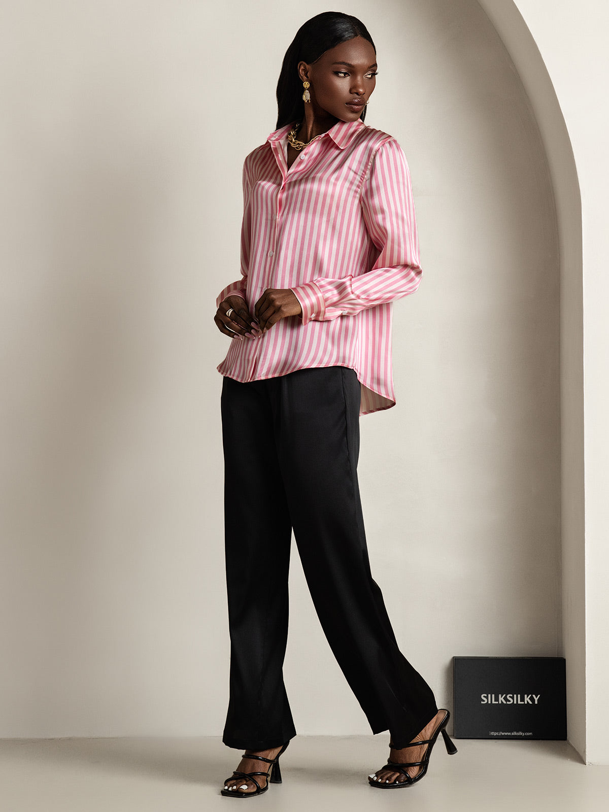 [Rosa] SilkSilky-DE Seide Umlegekragen Damenhemd 007