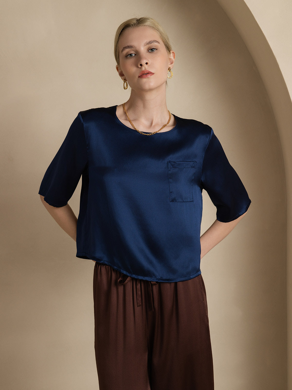 [Dunkelblau] SilkSilky-DE Reine Seide Womens T-Shirt 001