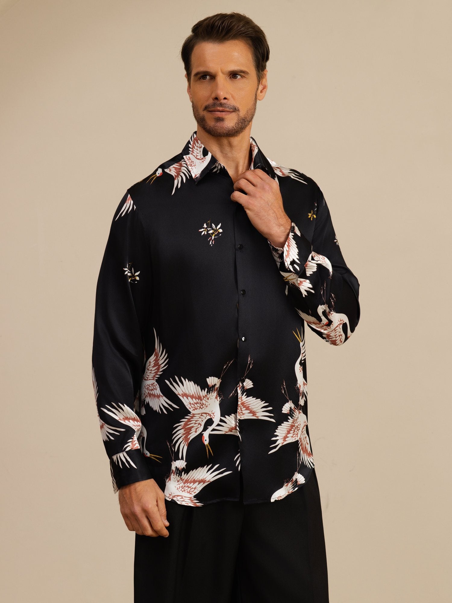 [Schwarz] SilkSilky-DE 19Momme Langärmelig Lapelkragen Herrenhemd 005
