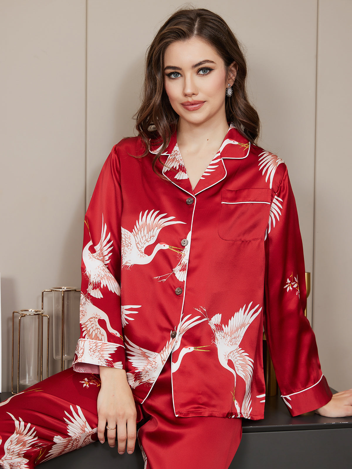 SilkSilky-DE 19Momme Reine Seide Langärmelig Revers Damen Pyjamas Dunkelrot 005