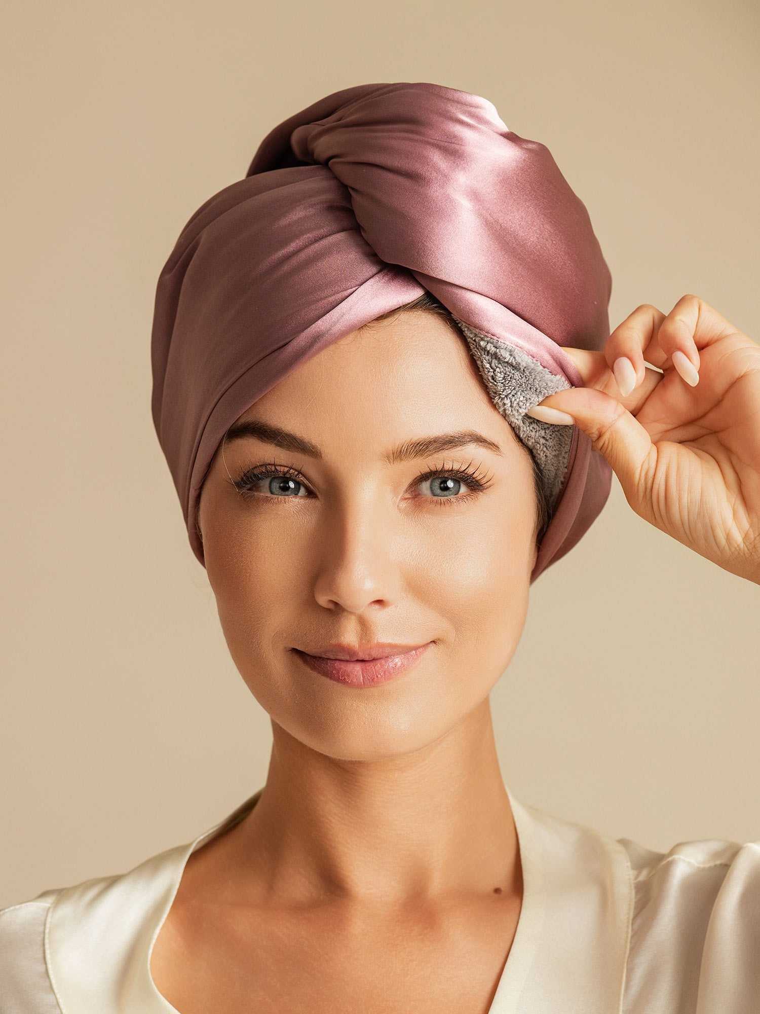 [Blasses Mauve] SilkSilky-DE Reine Seide Hair Towel Wrap 001,