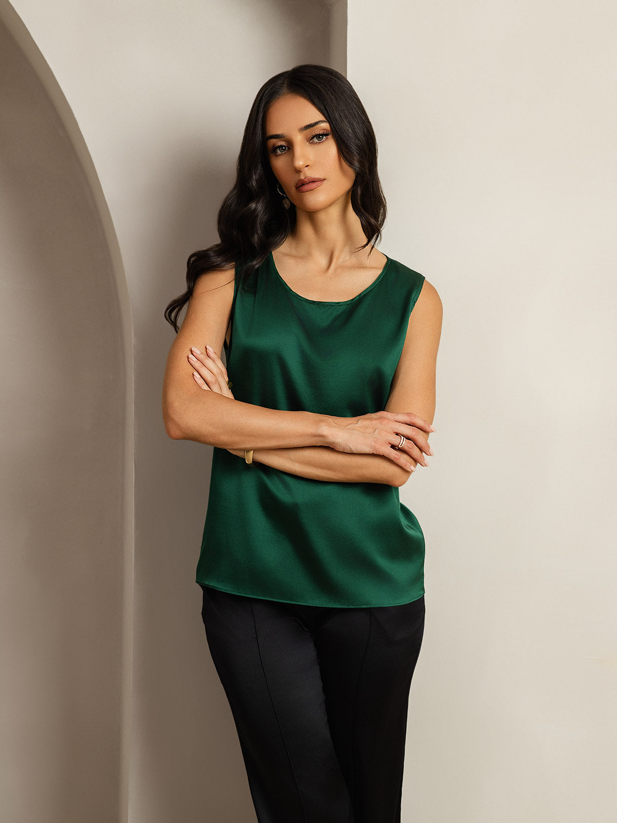 [Dunkelgrün] SilkSilky-DE 19Momme Ärmellos Rundhalsausschnitt Cami Top 006