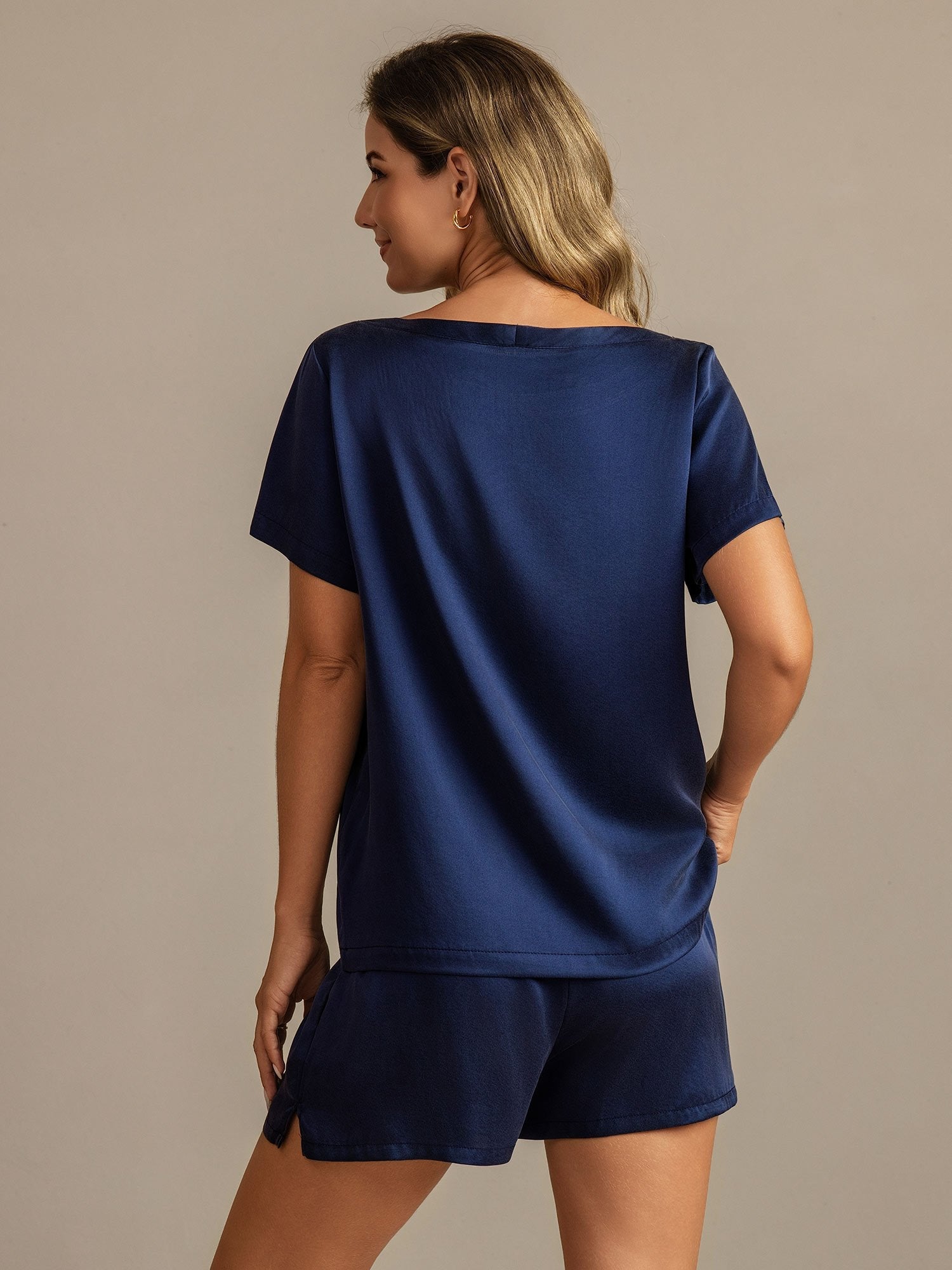 [Dunkelblau] SilkSilky-DE 19Momme Kurzärmelig Rundhalsausschnitt Damen Pyjamas 002