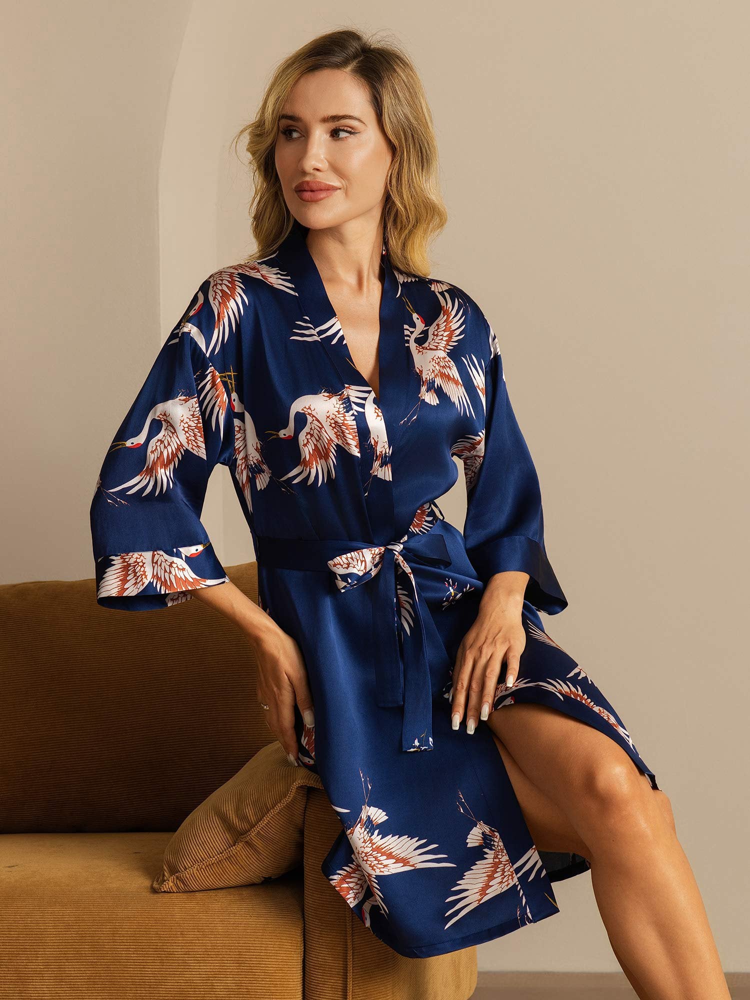 [Dunkelblau] SilkSilky-DE 19Momme Reine Seide Womens Robe 001