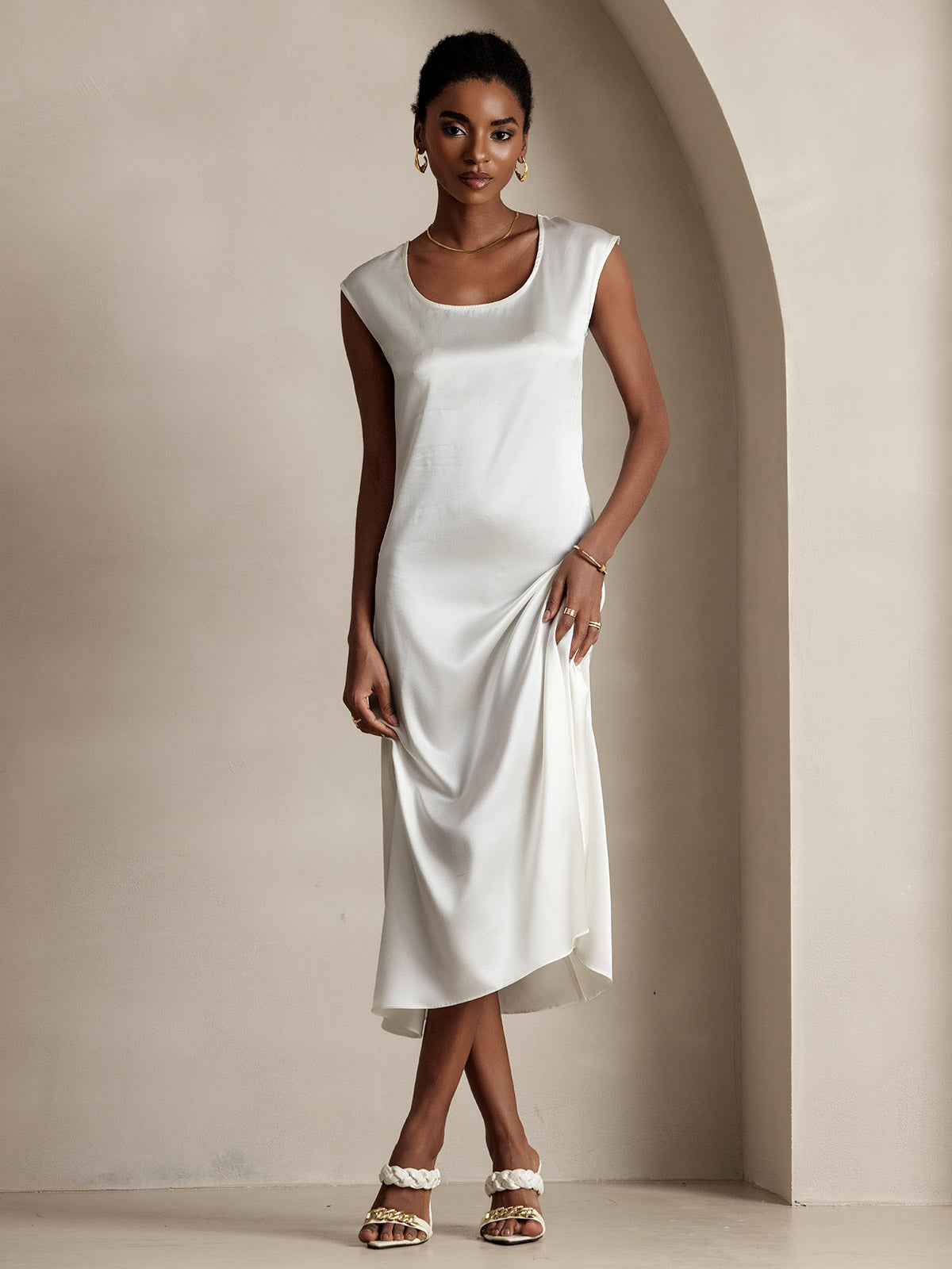 [Weiß] SilkSilky-DE 19Momme Seide Dress 001