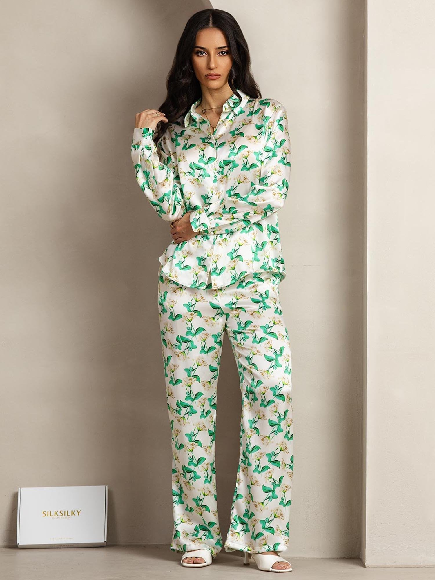 [Grün Blumen] SilkSilky-DE 19Momme Seide Umlegekragen Women''s Outfit Sets 004
