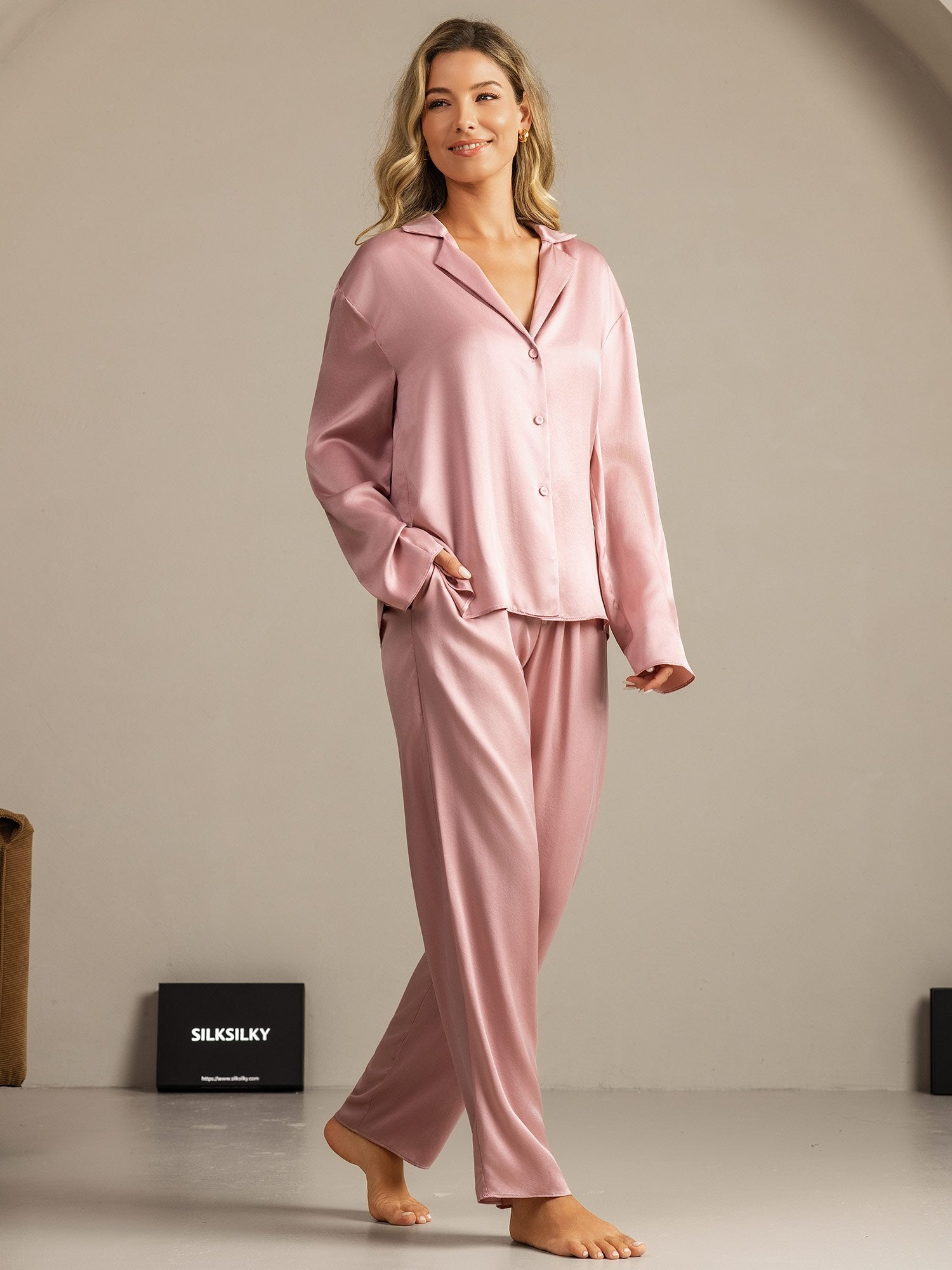 [Pfirsichhaut] SilkSilky-DE 19Momme Seide Umlegekragen Damen Pyjamas 006