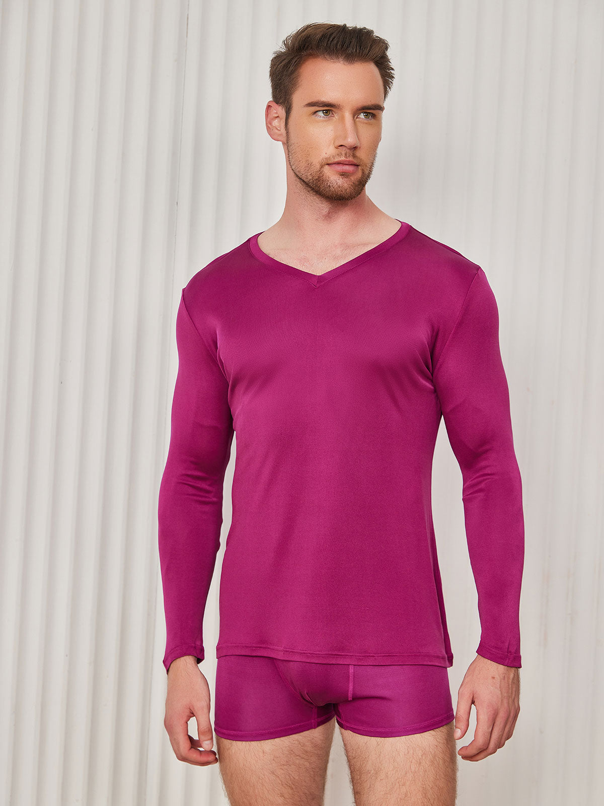 [Dunkelrot] SilkSilky-DE Seidenstrick Langärmelig V Ausschnitt Herren T-Shirt 001