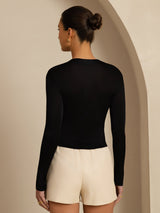 [Schwarz] SilkSilky-DE Langärmelig Mock-Ausschnitt T-Shirt 002