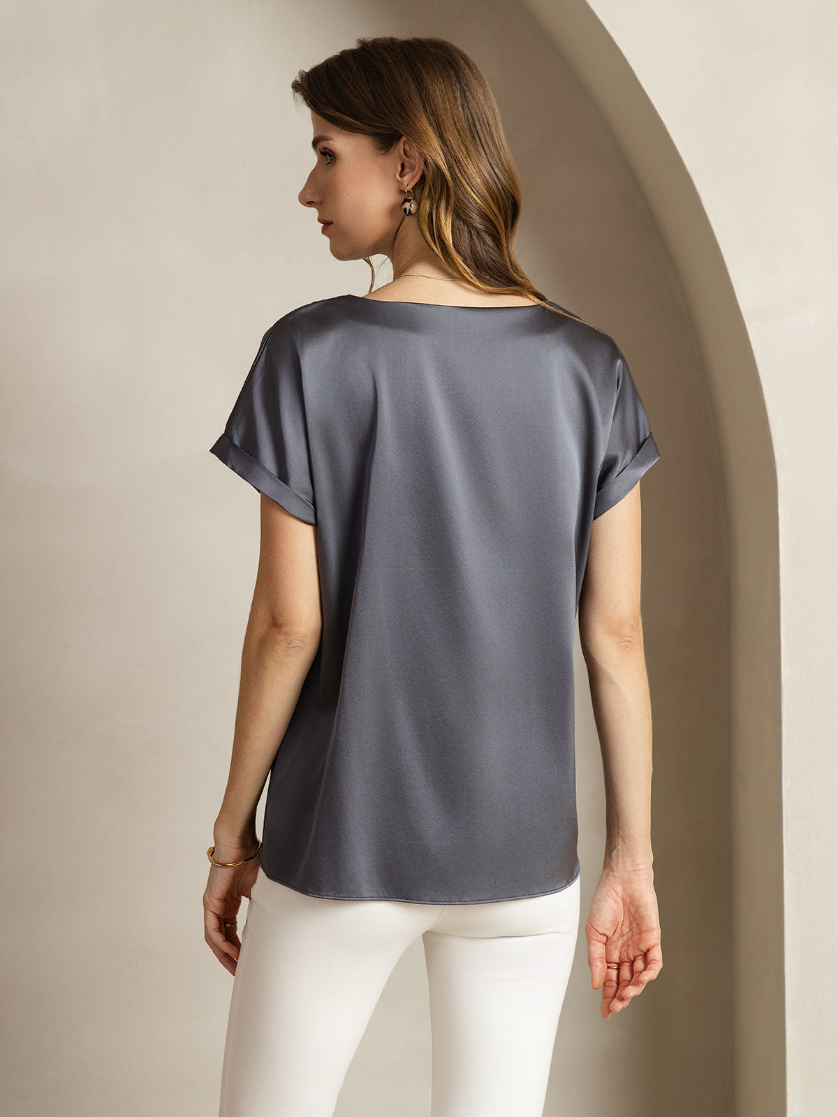 [Dunkelgrau] SilkSilky-DE 19Momme Seide Womens T-Shirt 002