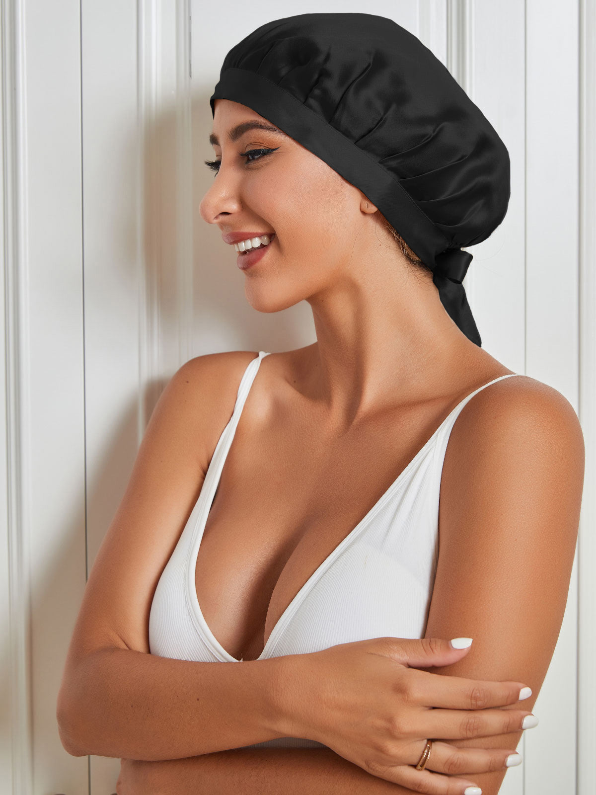 [Schwarz] SilkSilky-DE Reine Seide Sleep Cap 005