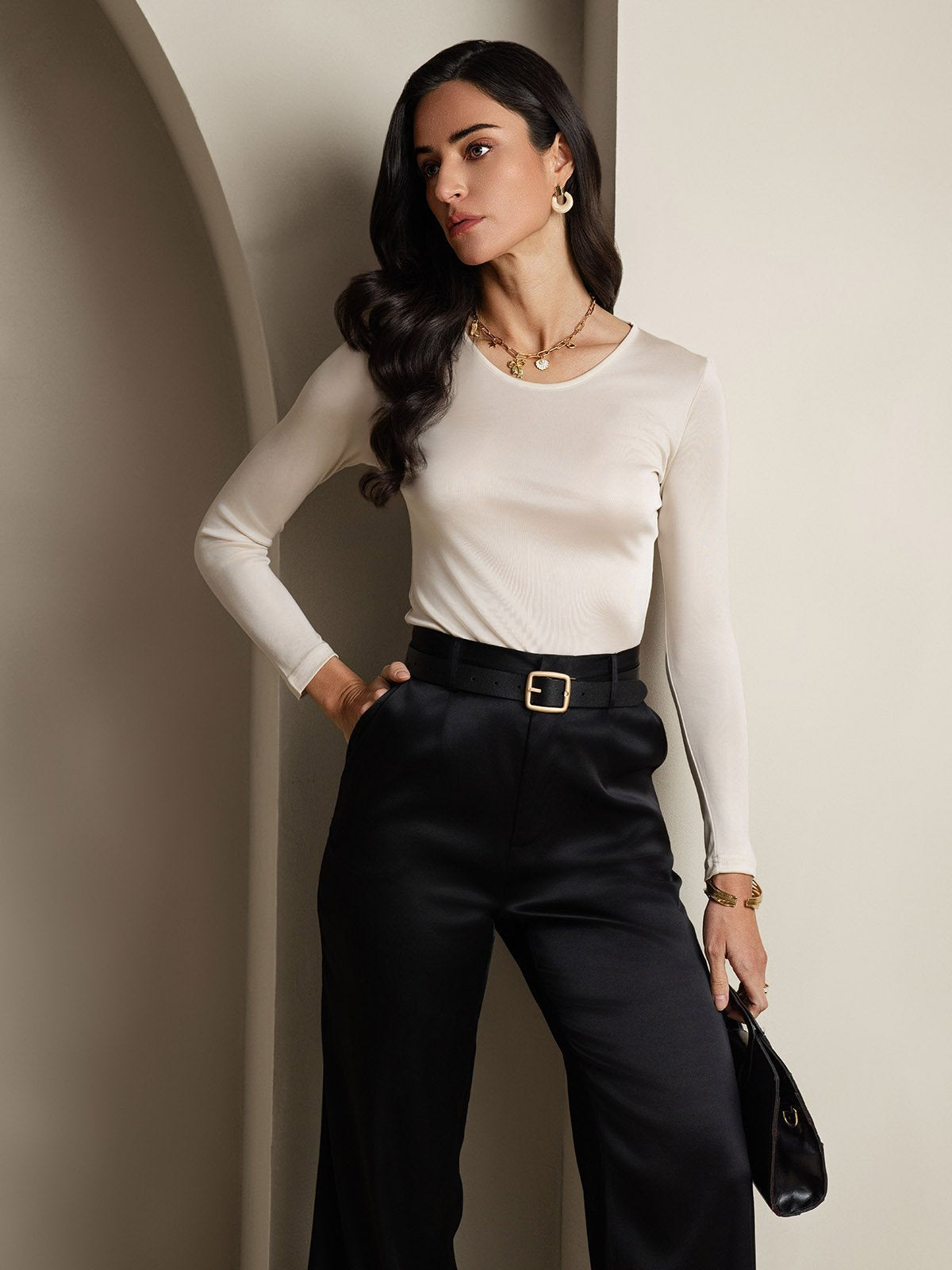 [Beige] SilkSilky-DE Seide Womens T-Shirt 006,