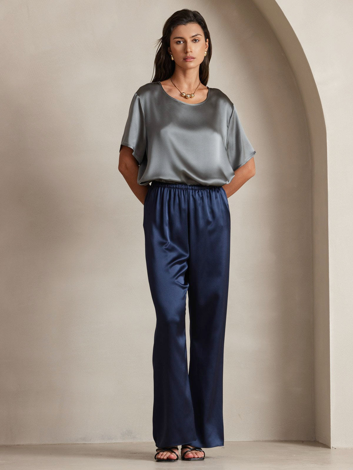 [Dunkelblau] SilkSilky-DE 19Momme Seide Womens Pants 004