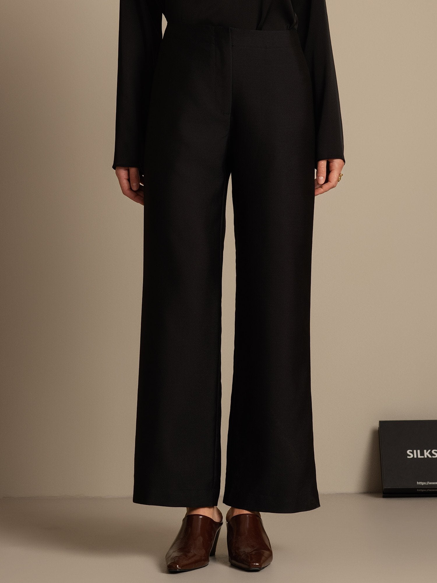 [Schwarz] SilkSilky-DE 32Momme Silk-Wool Blend Womens Pants 003,