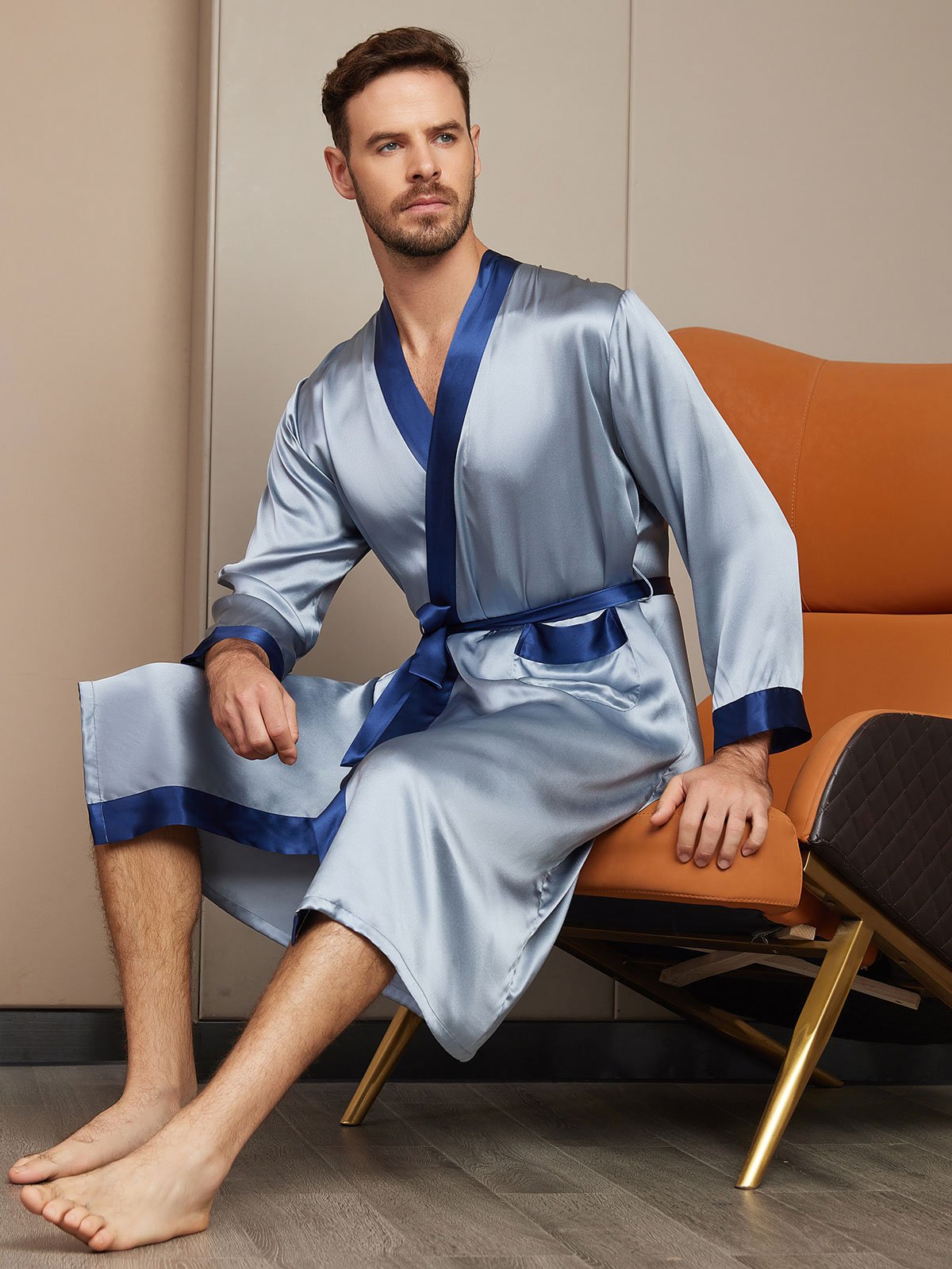 [Graublau] SilkSilky-DE Reine Seide Langärmelig Mens Robe 004