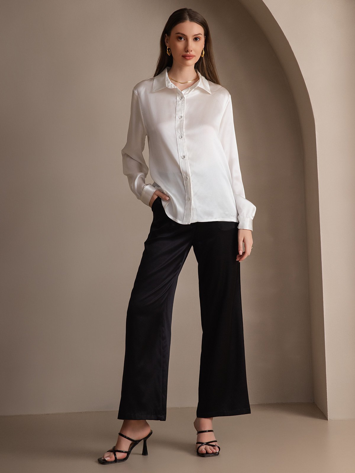 SilkSilky-DE 19Momme Seide Langärmelig Umlegekragen Damenhemd Weiß 007