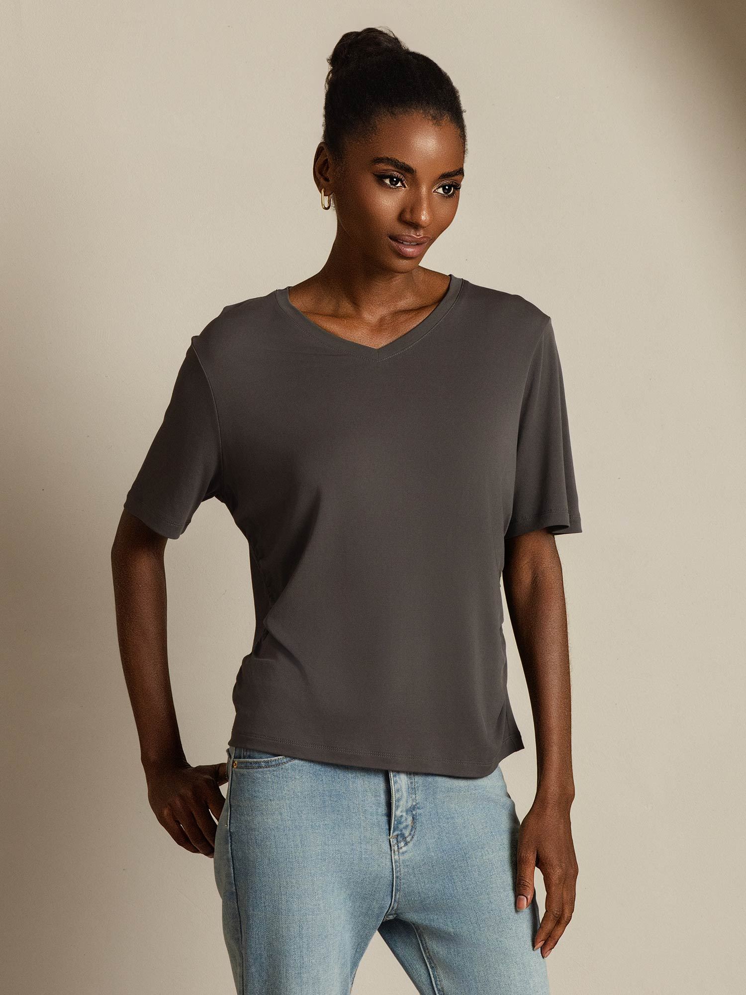 [Grau] SilkSilky-DE Reine Seide V Ausschnitt T-Shirt 006