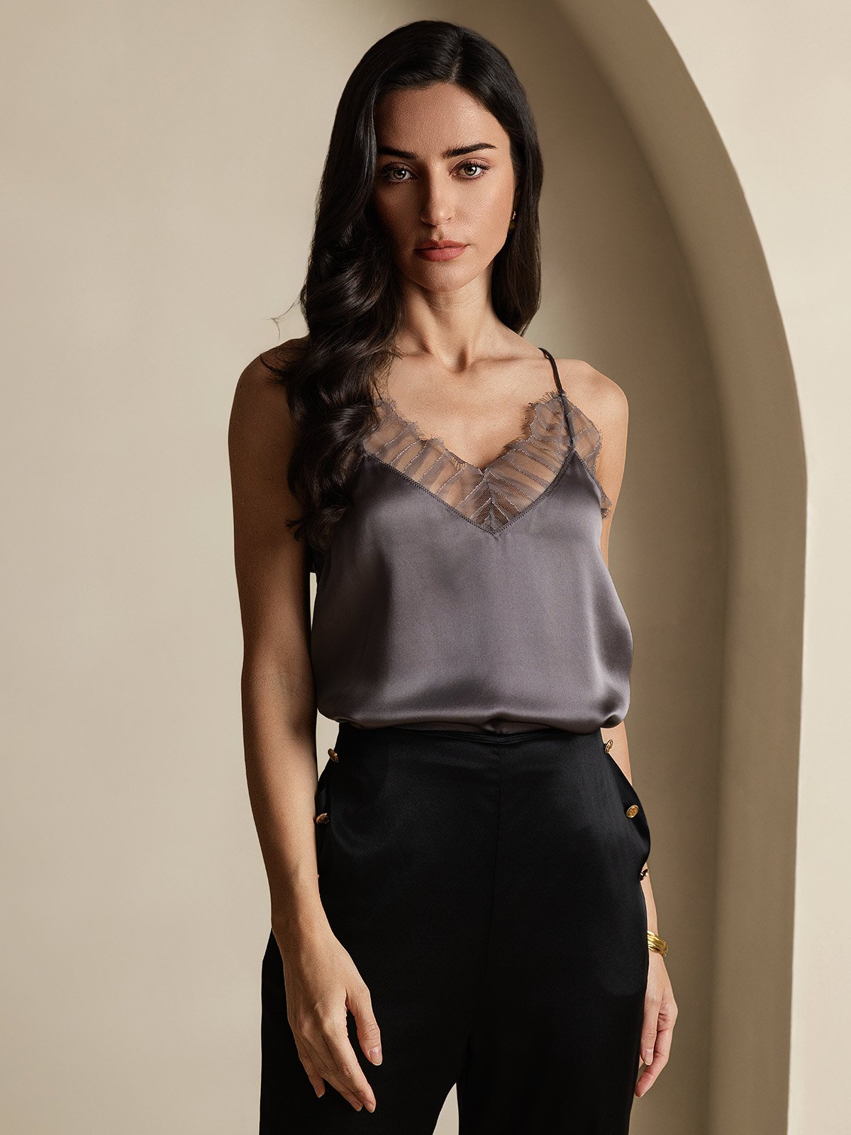 SilkSilky-DE Seide V Ausschnitt Cami Top LilaGrau 003