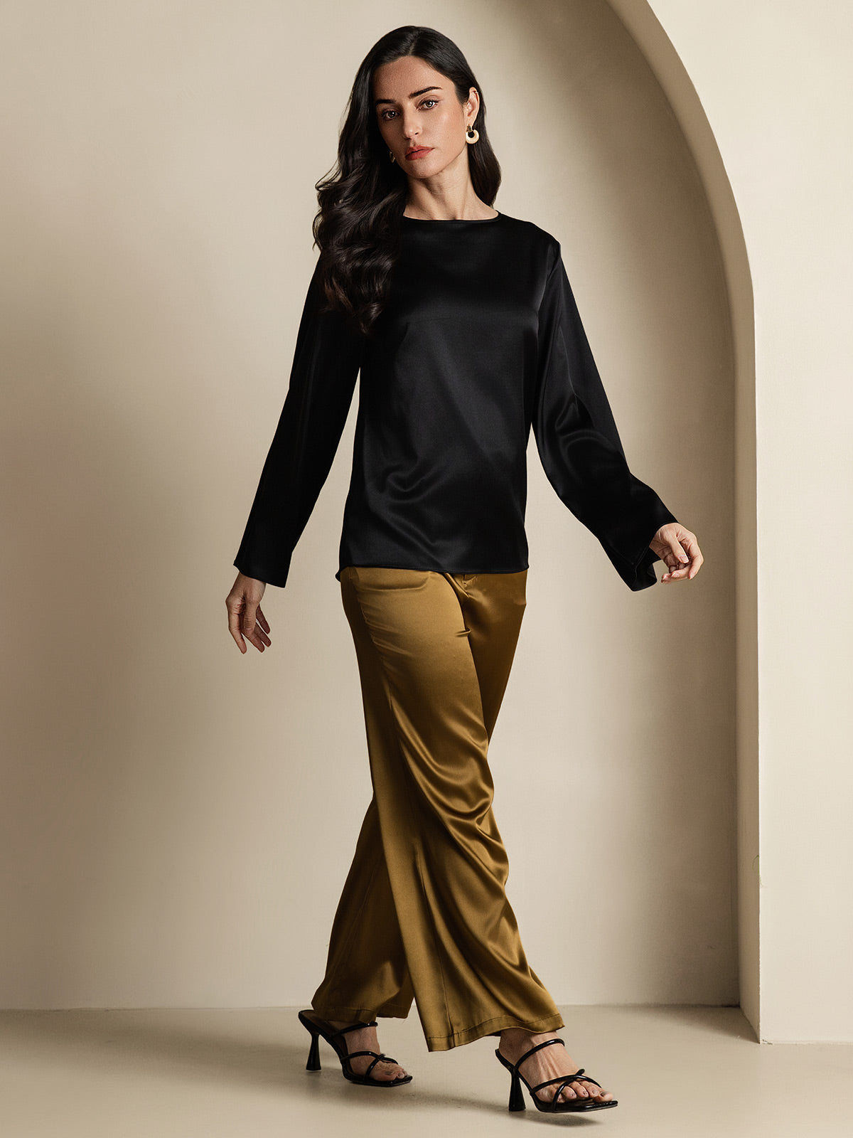 [Schwarz] SilkSilky-DE 19Momme Seide Womens T-Shirt 008