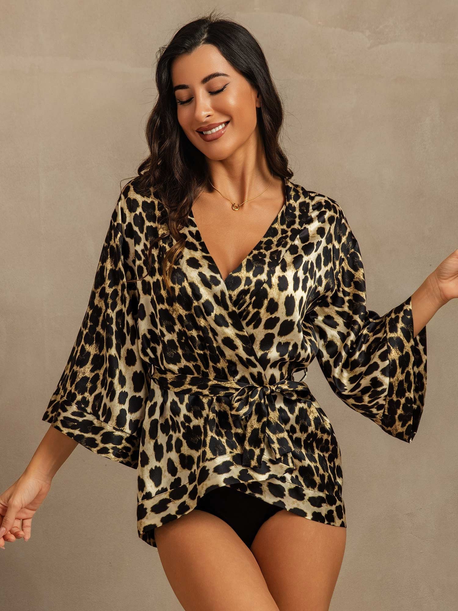 [Leopard] SilkSilky-DE 19Momme Seide Womens Robe 001,