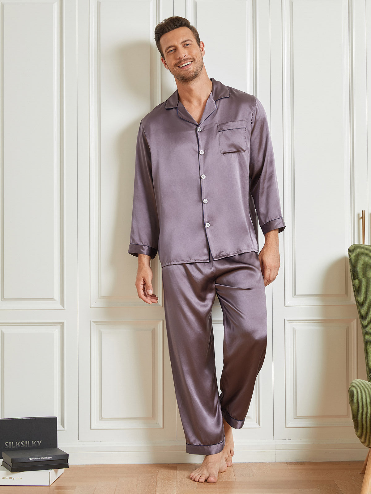 [Lilagrau] SilkSilky-DE 19Momme Reine Seide Mens Pajamas 001