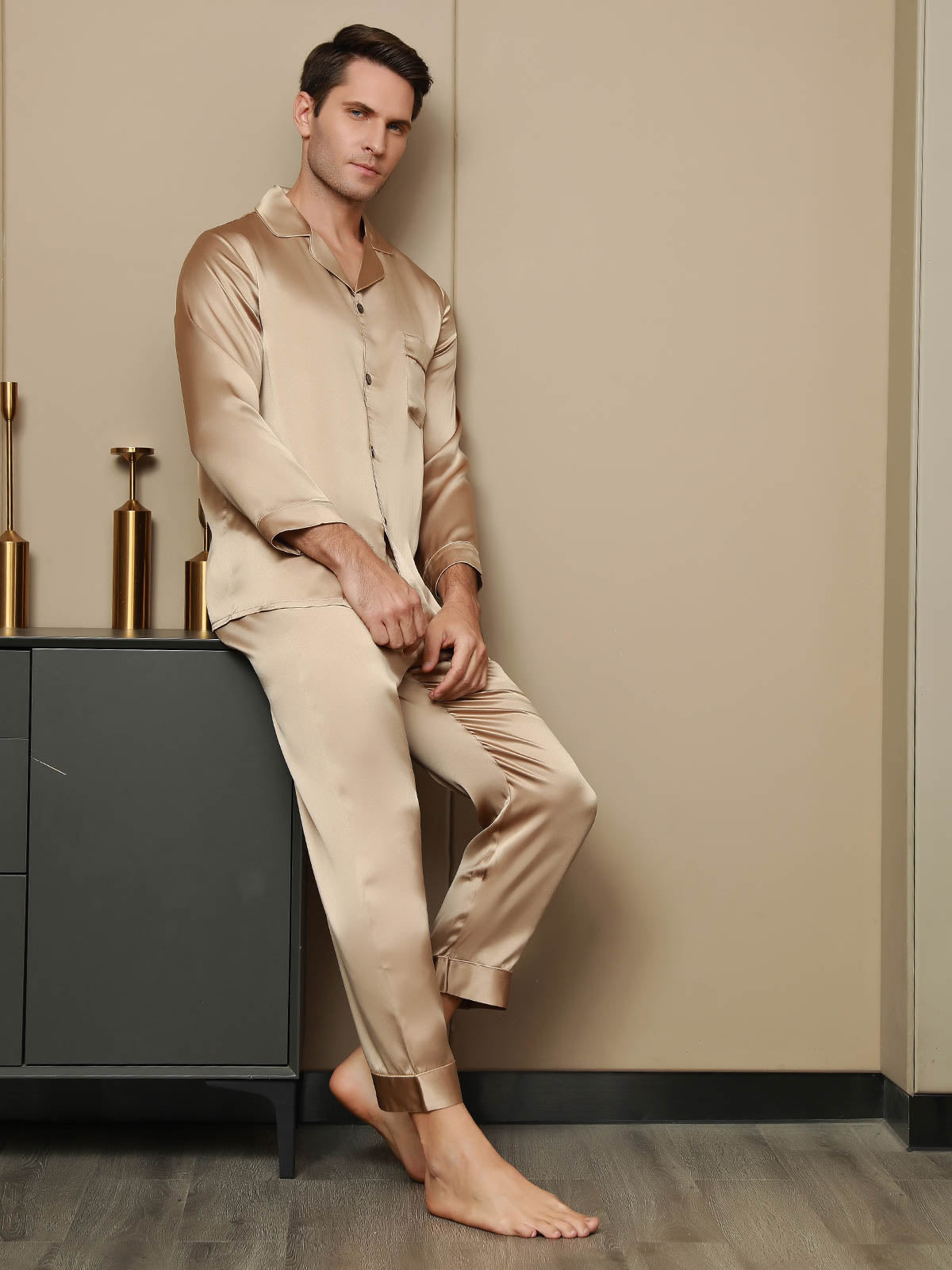 [Champagner] SilkSilky-DE Reine Seide Mens Pajamas 004