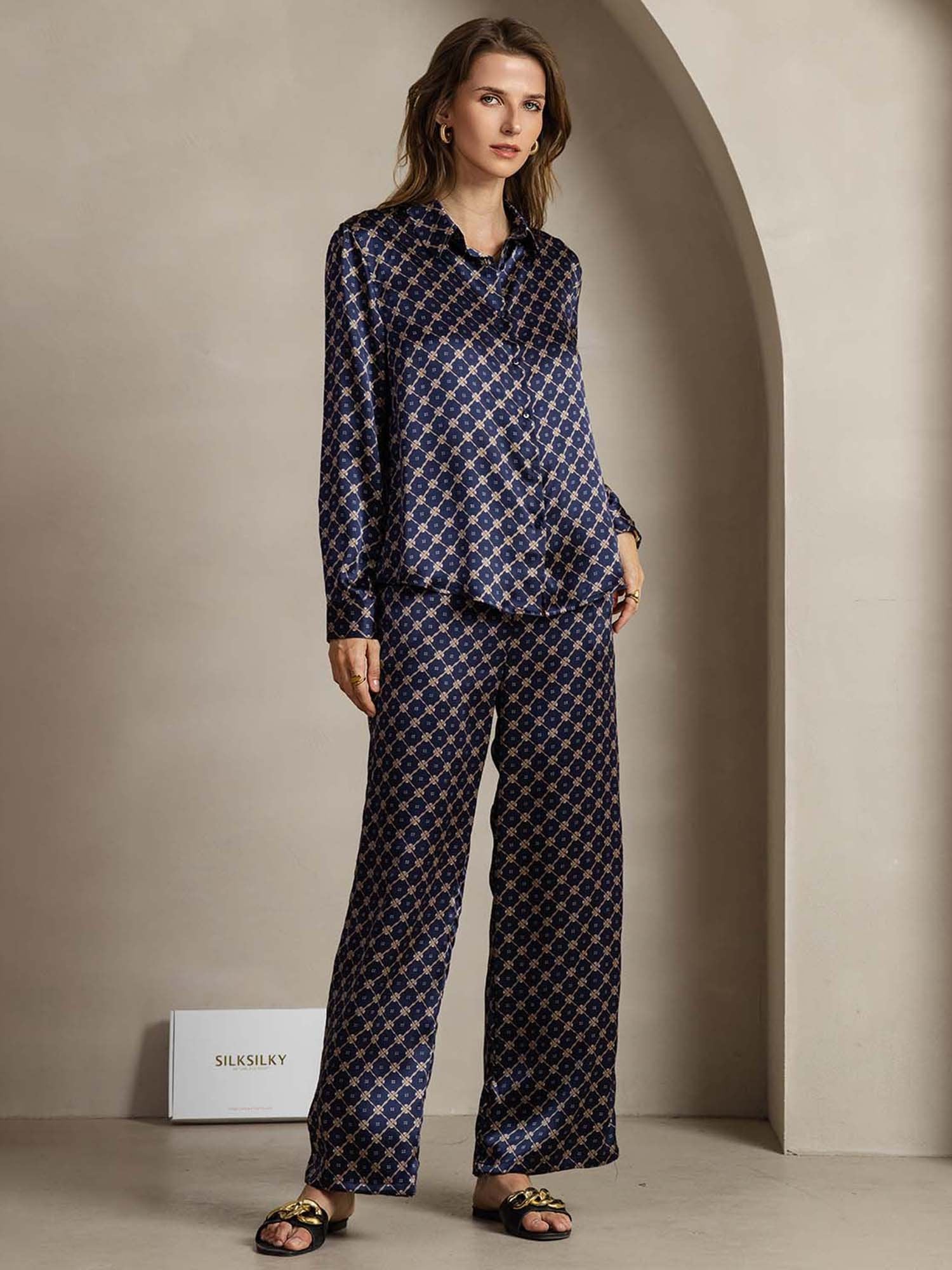 [Marine Kette] SilkSilky-DE 19Momme Seide Umlegekragen Women''s Outfit Sets 001