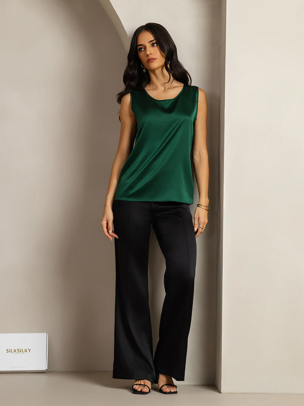 [Dunkelgrün] SilkSilky-DE 19Momme Ärmellos Rundhalsausschnitt Cami Top 009