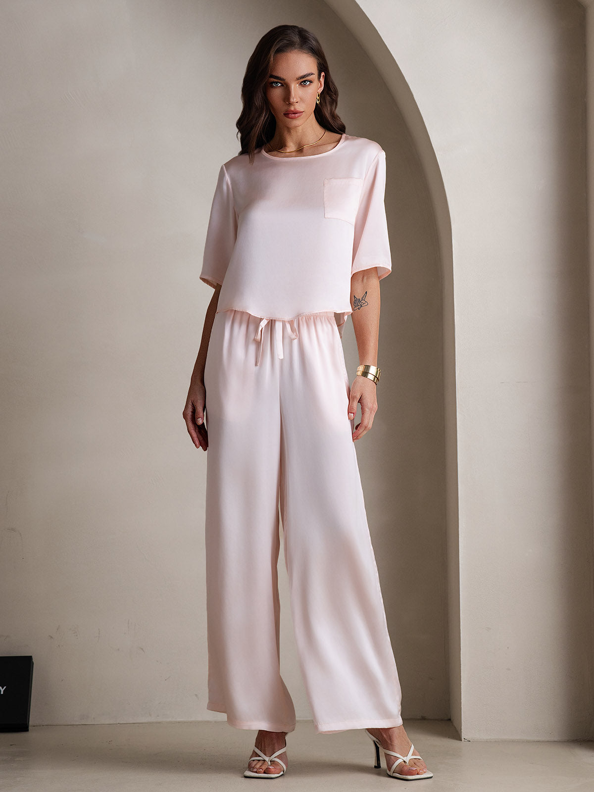 [Rosa] SilkSilky-DE Reine Seide Rundkragen Damen Pyjamas 001