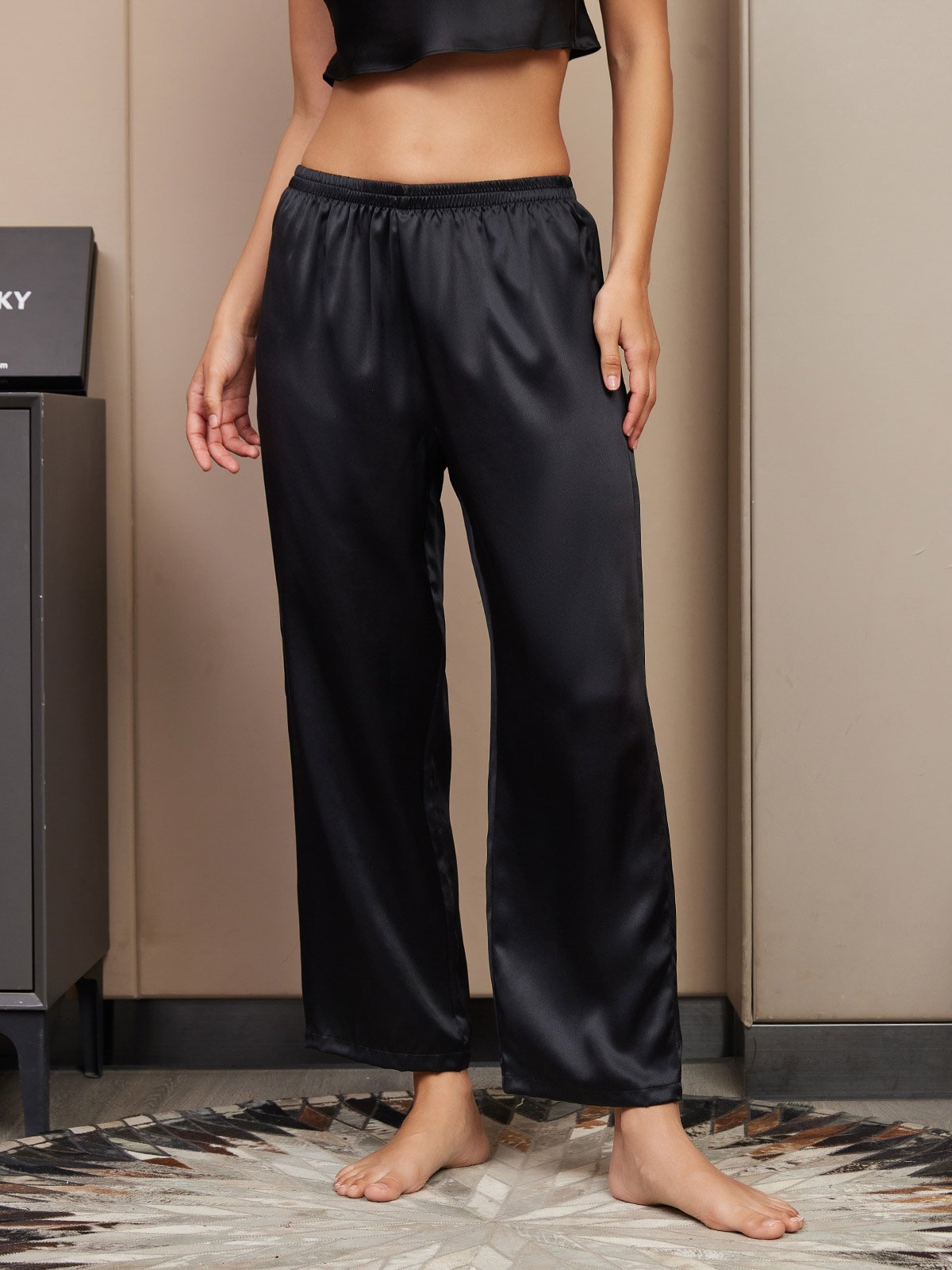 [Schwarz] SilkSilky-DE Reine Seide Womens Sleep Bottoms 001