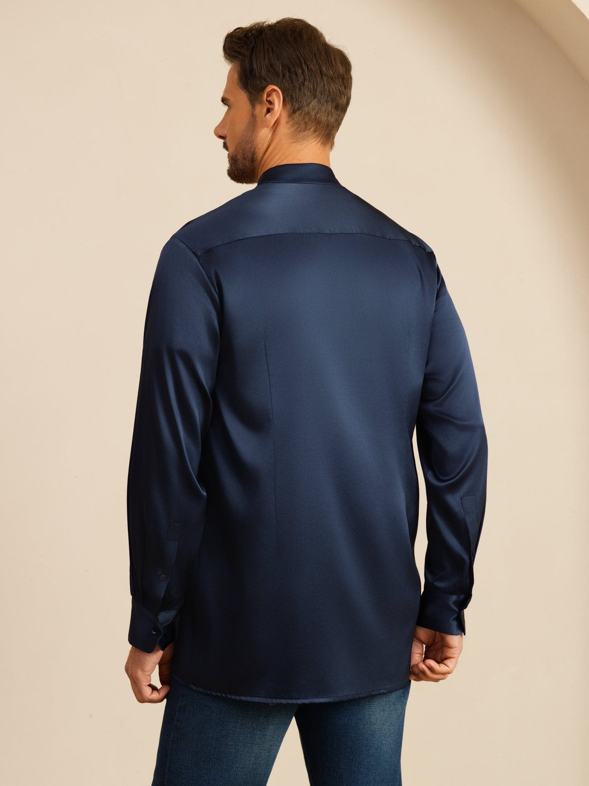 [Dunkelblau] SilkSilky-DE Long Sleeve Stand Collar Herrenhemd 002
