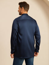 [Dunkelblau] SilkSilky-DE Long Sleeve Stand Collar Herrenhemd 002