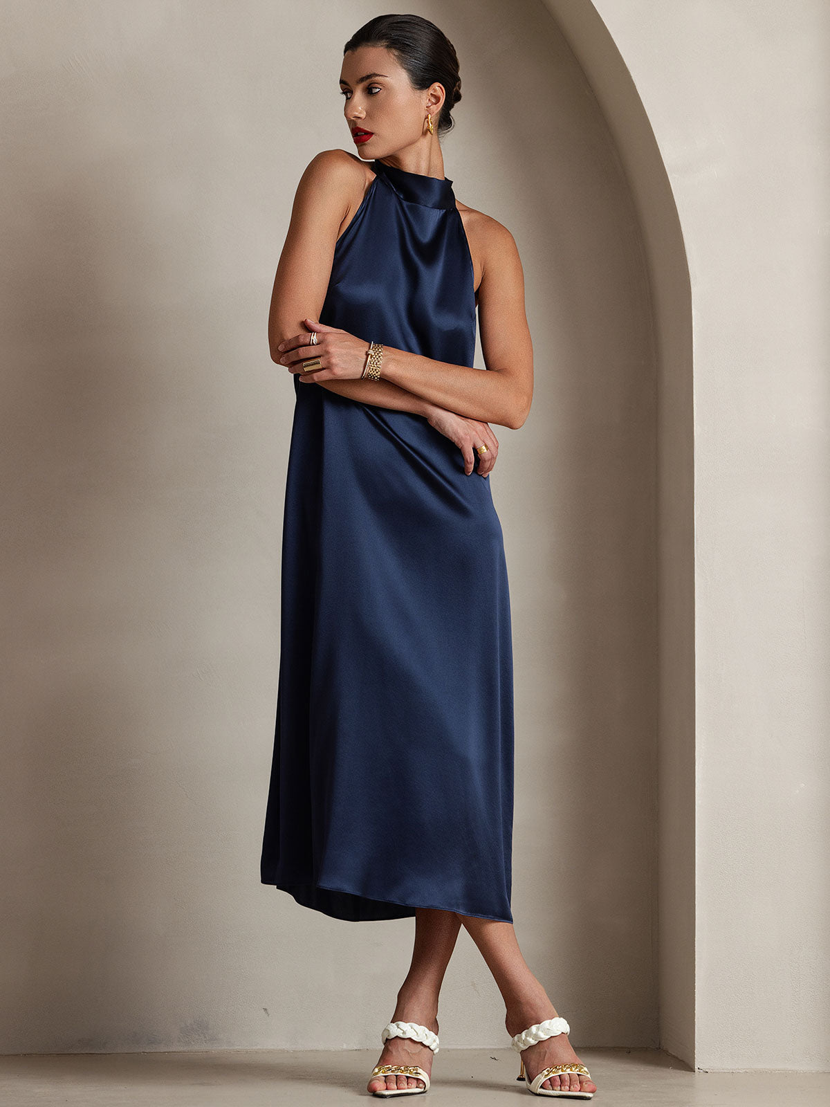 [Dunkelblau] SilkSilky-DE 19Momme Seide Dress 004