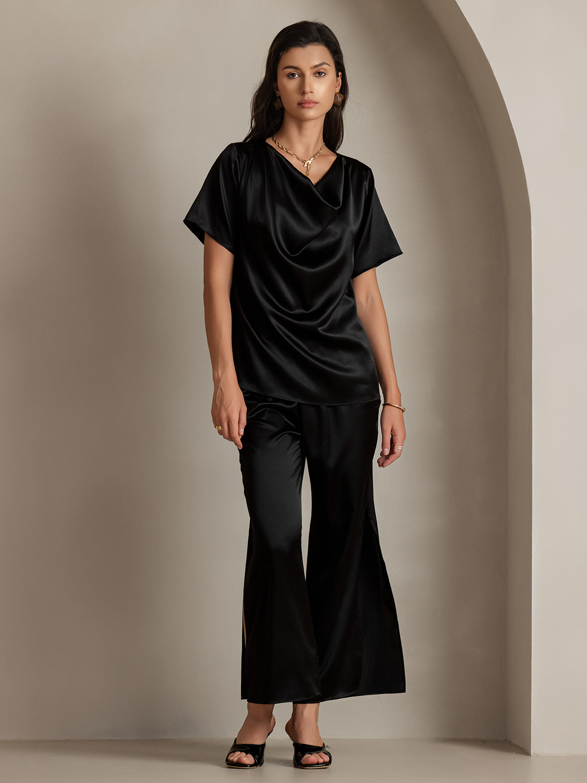 [Schwarz] SilkSilky-DE 19Momme Seide Womens T-Shirt 003