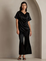 [Schwarz] SilkSilky-DE Short Sleeve Cowl Neck Damenblusen 003