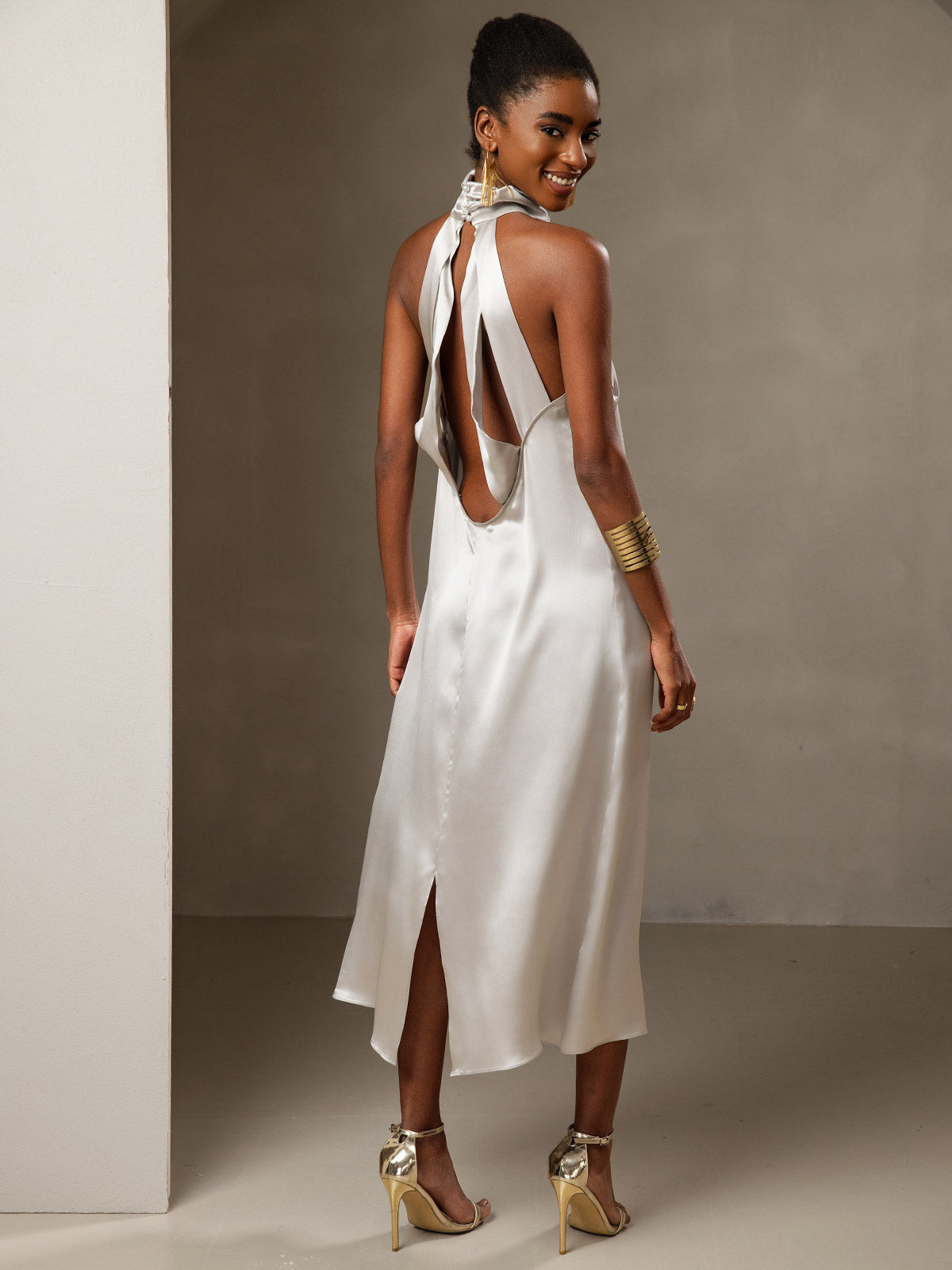 [Hellgrau] SilkSilky-DE 19Momme Seide Ärmellos Hochgeschlossener Ausschnitt Kleider 005