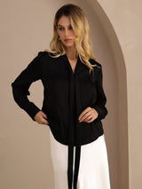 [Schwarz] SilkSilky-DE Long Sleeve Tie Neck Damenblusen 002