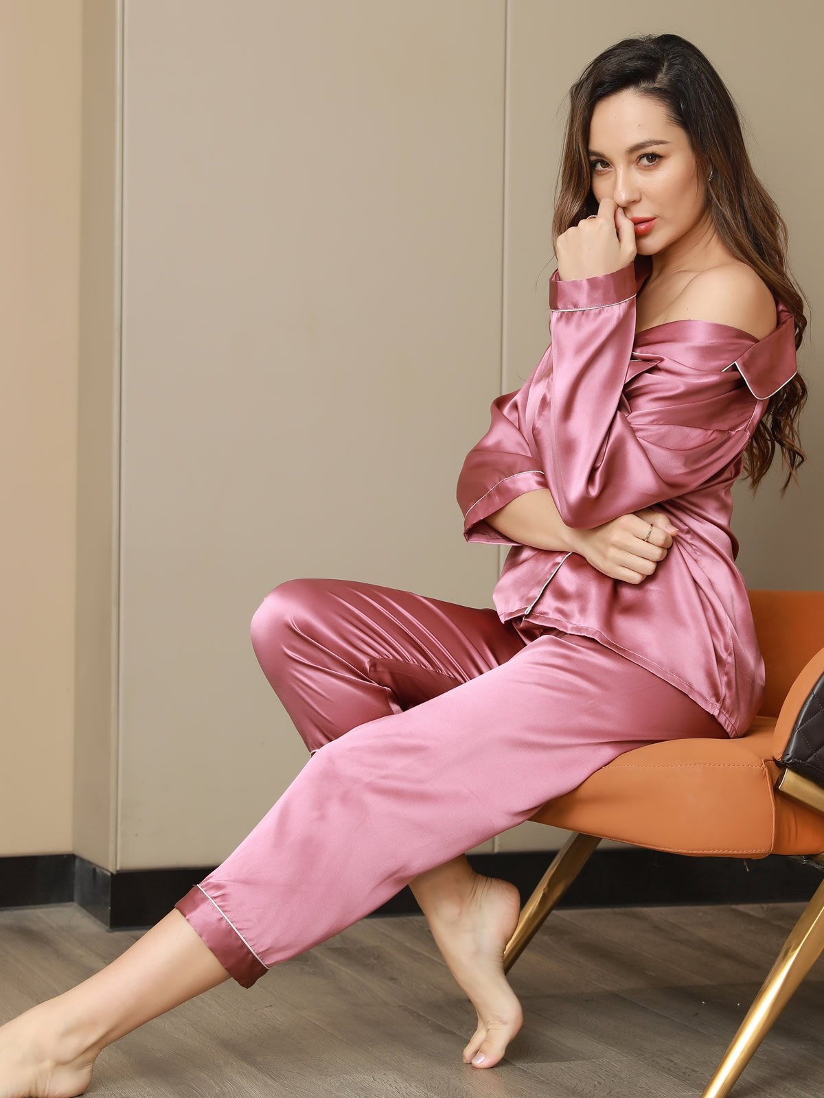 SilkSilky-DE Reine Seide Langärmelig Revers Damen Pyjamas BlassesMauve 007