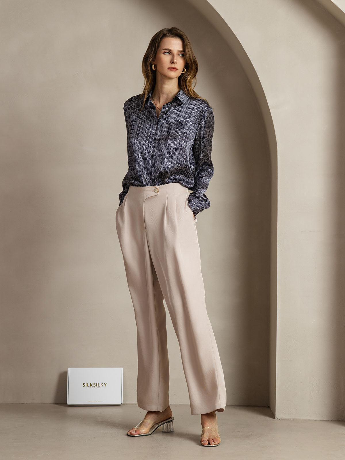 [Marine Ginkgo] SilkSilky-DE Seide Langärmelig Umlegekragen Damenhemd 007