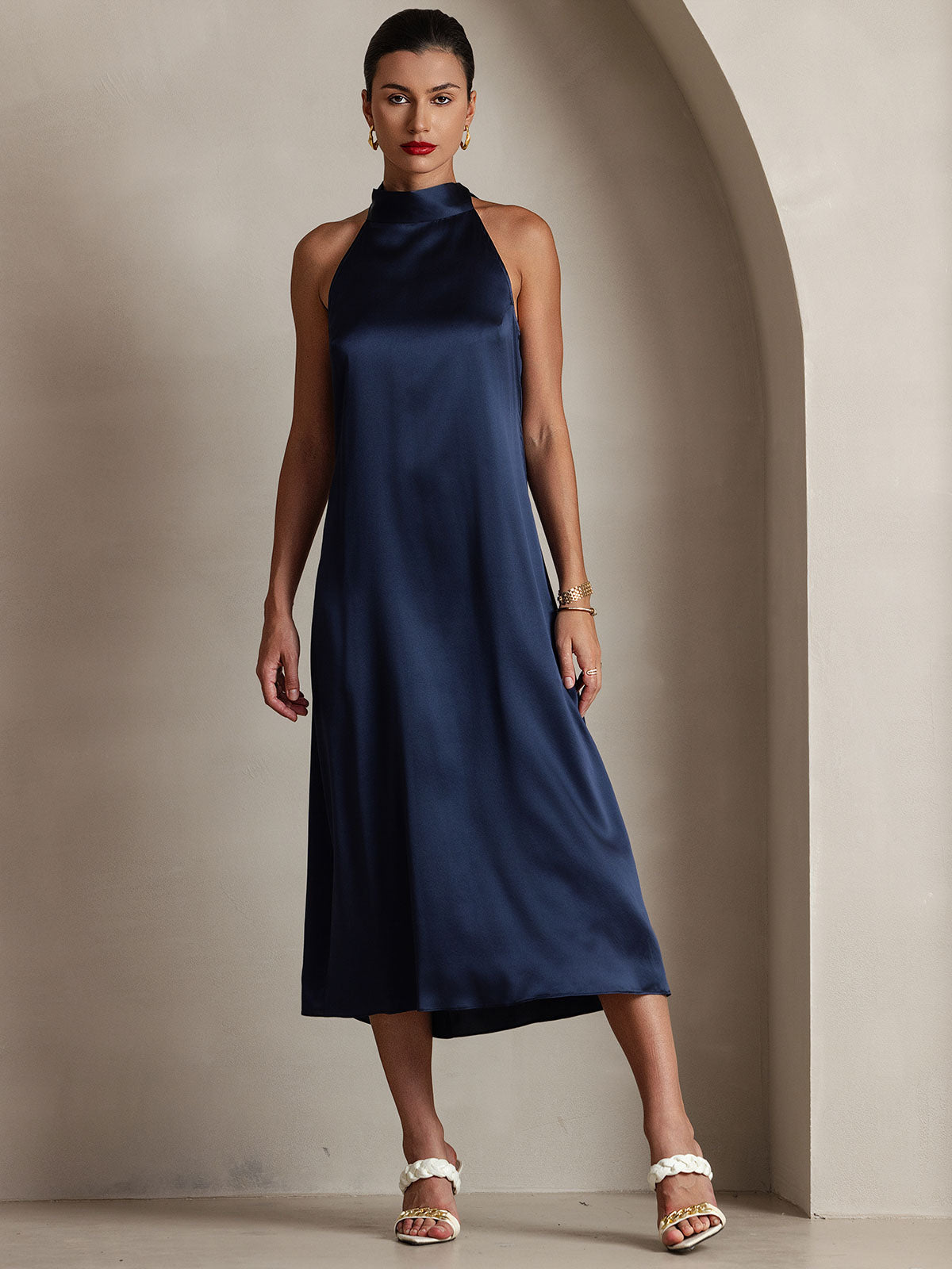 [Dunkelblau] SilkSilky-DE 19Momme Seide Dress 001