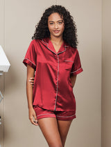 [Rotwein] SilkSilky-DE Short Sleeve Notch-Kragen Damen Pyjamas 001