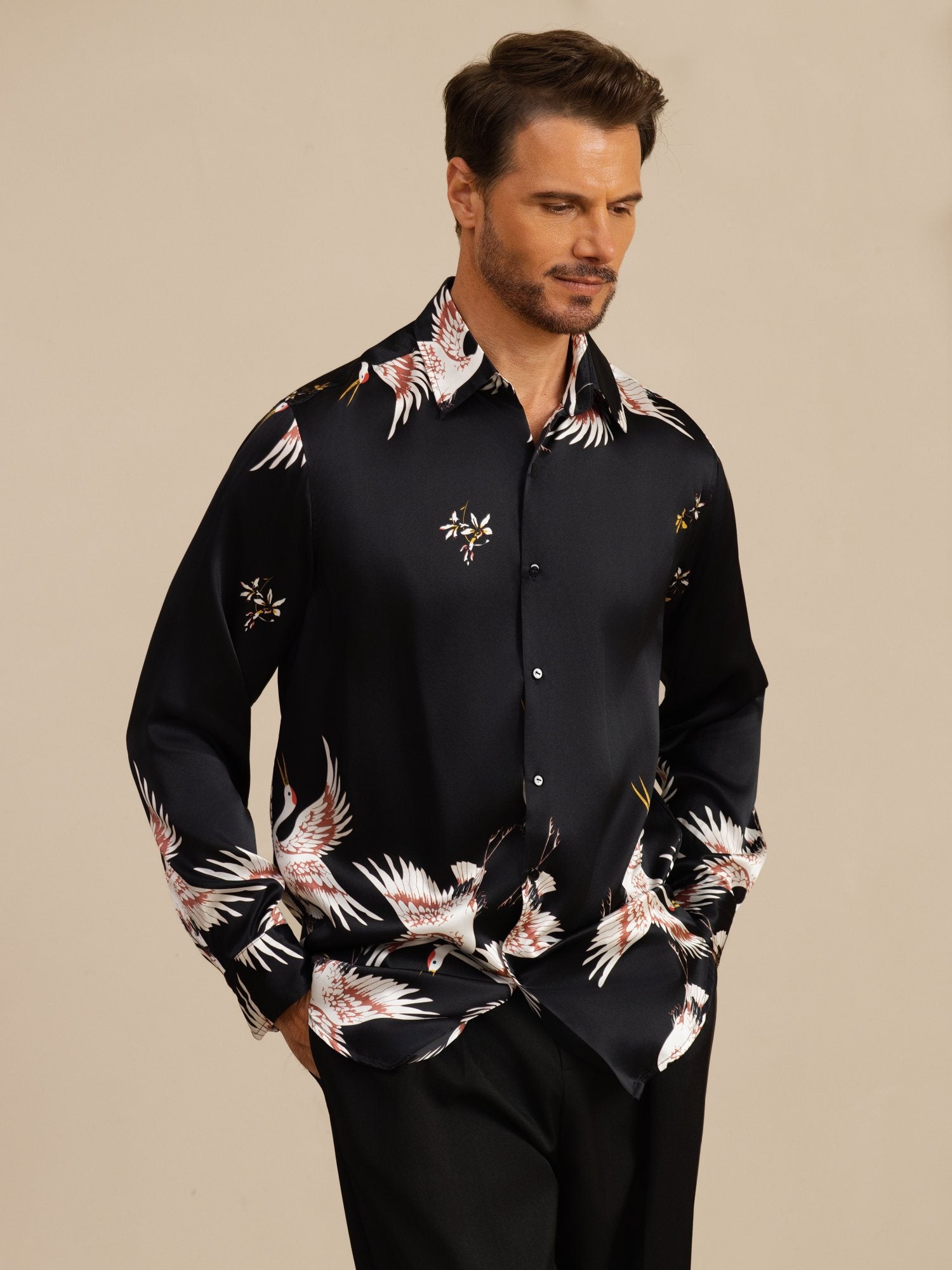 [Schwarz] SilkSilky-DE 19Momme Langärmelig Lapelkragen Herrenhemd 004